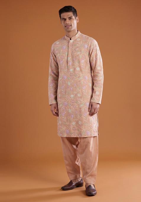 Peach Sequin Chanderi Kurta Set