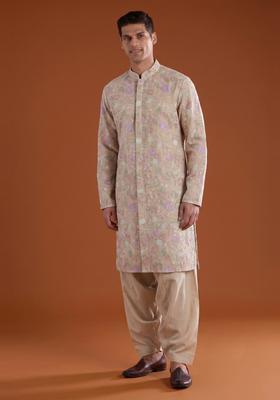 Beige Sequin Chanderi Kurta Set