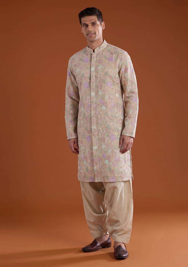 Beige Sequin Chanderi Kurta Set - Indya