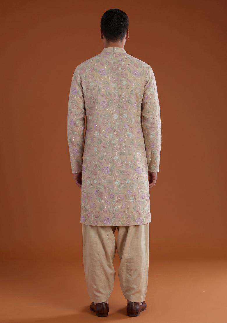 Beige Sequin Chanderi Kurta Set - Indya
