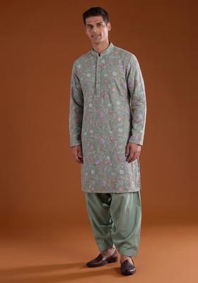 Olive Green Sequin Chanderi Kurta Set