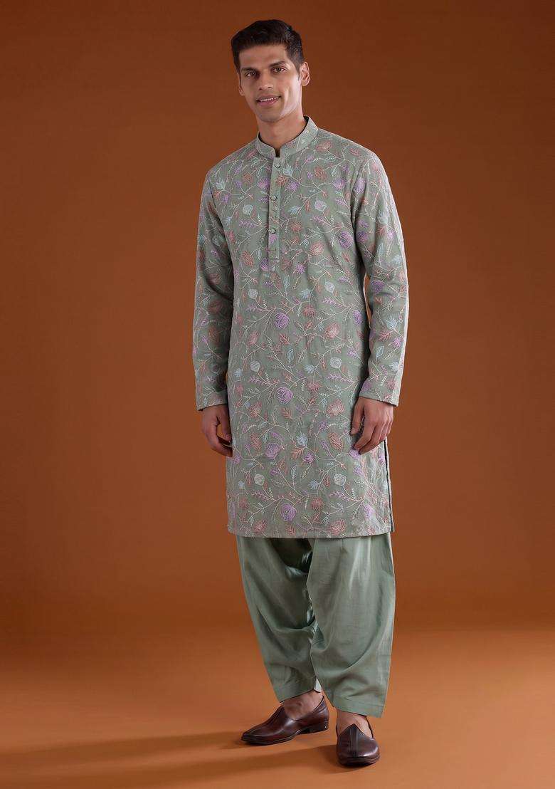 Olive Green Sequin Chanderi Kurta Set - Indya