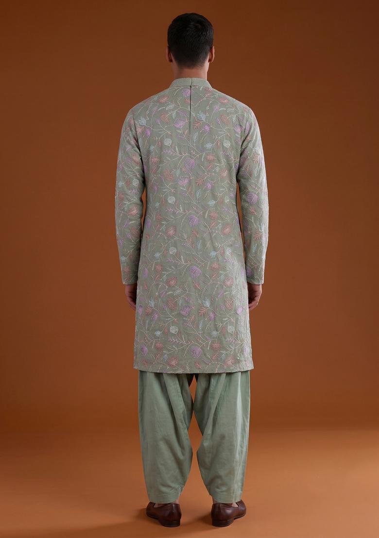 Olive Green Sequin Chanderi Kurta Set - Indya