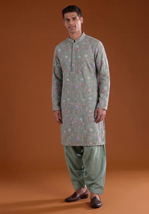 Olive Green Sequin Chanderi Kurta Set