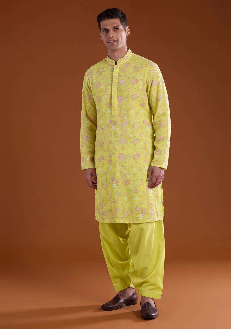 Yellow Sequin Chanderi Kurta Set - Indya