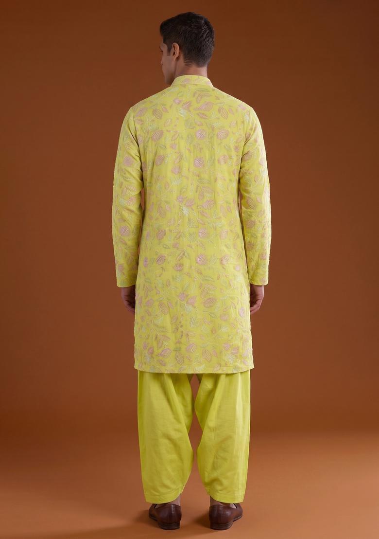 Yellow Sequin Chanderi Kurta Set - Indya