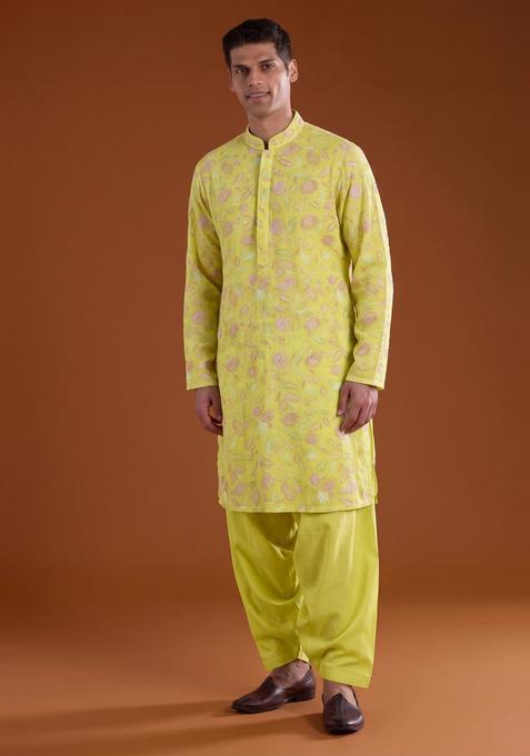 Yellow Sequin Chanderi Kurta Set