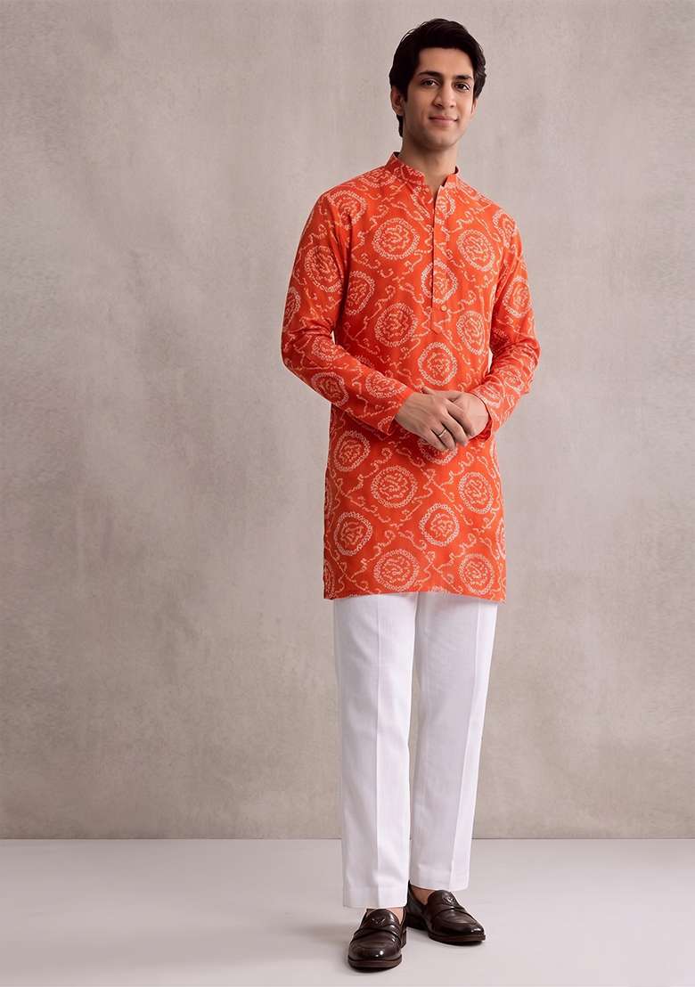 Orange Embroidered Chanderi Kurta Set - Indya