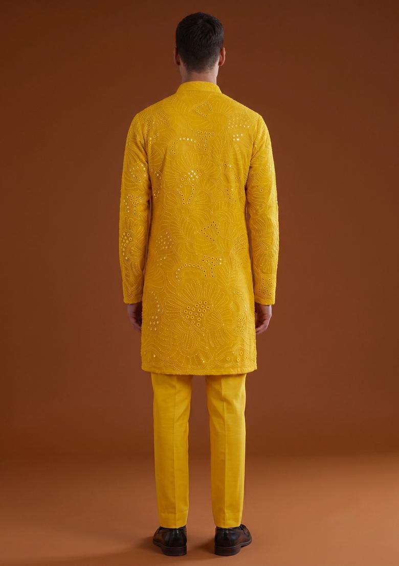 Yellow Mirror Work Viscose Kurta Set - Indya