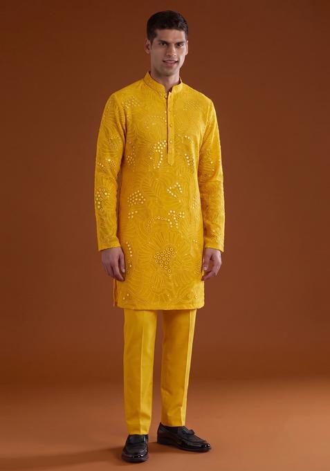 Yellow Mirror Work Viscose Kurta Set