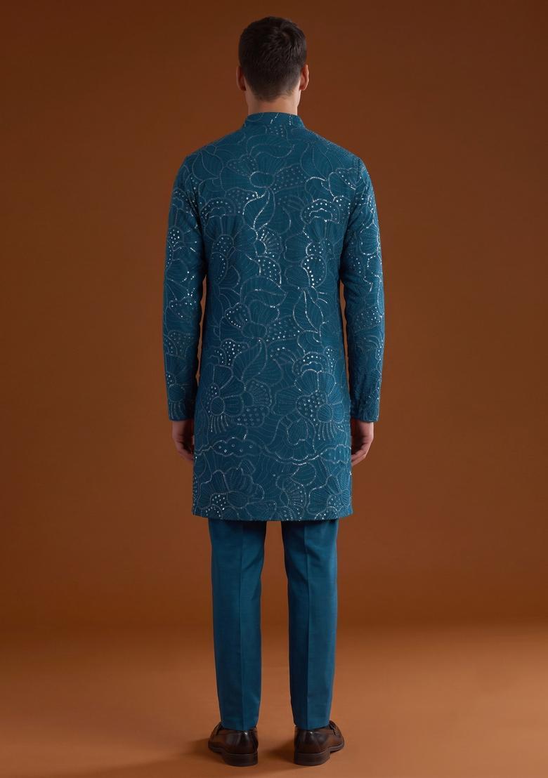 Deep Teal Mirror Work Viscose Kurta Set - Indya