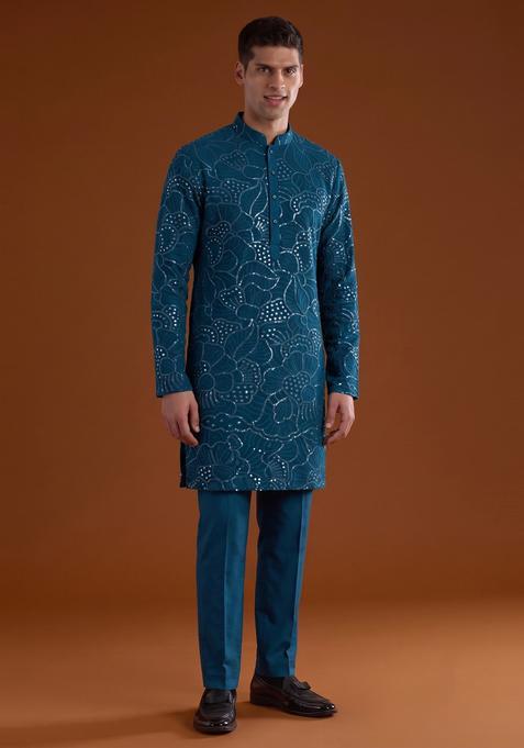 Deep Teal Mirror Work Viscose Kurta Set
