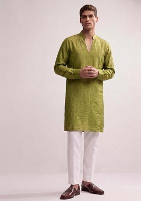 Olive Green Embroidered Crepe Kurta Set
