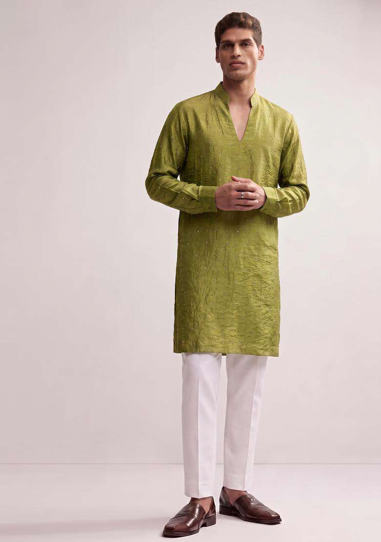 Olive Green Embroidered Crepe Kurta Set - Indya