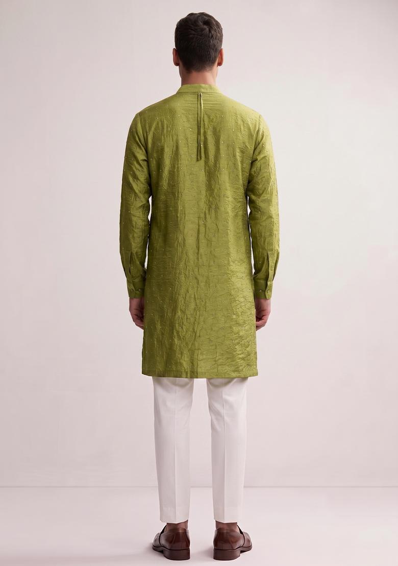 Olive Green Embroidered Crepe Kurta Set - Indya