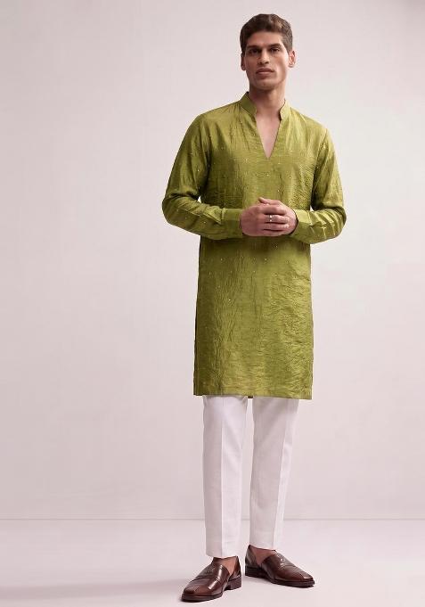Olive Green Embroidered Crepe Kurta Set