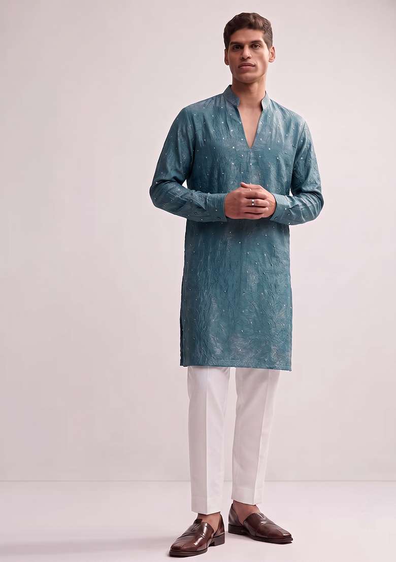 Midnight Blue Embroidered Crepe Kurta Set - Indya