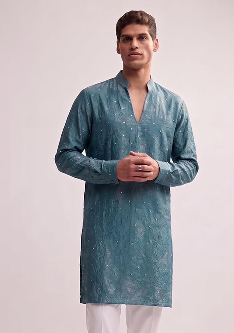 Midnight Blue Embroidered Crepe Kurta Set - Indya