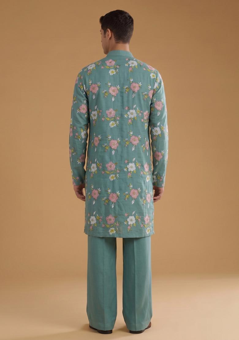 Powder Blue Embroidered Chanderi Kurta Set - Indya