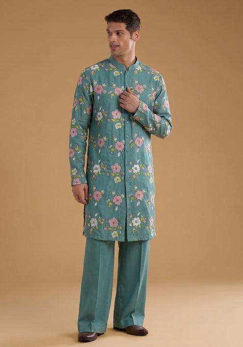 Powder Blue Embroidered Chanderi Kurta Set