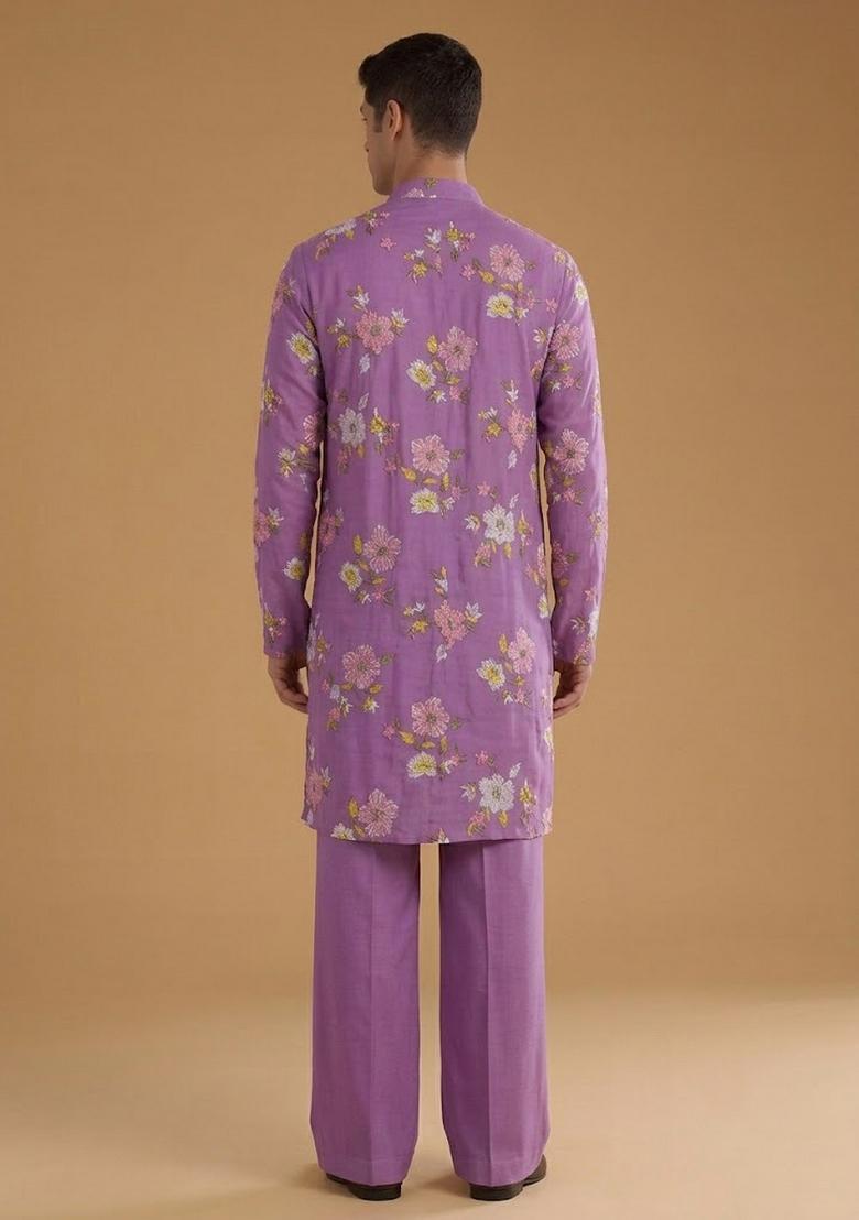 Purple Embroidered Chanderi Kurta Set - Indya