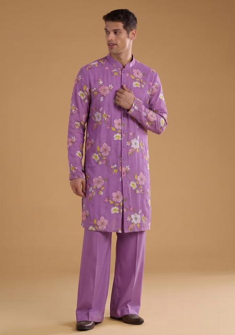 Purple Embroidered Chanderi Kurta Set