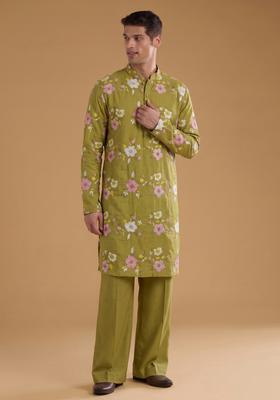Olive Green Embroidered Chanderi Kurta Set