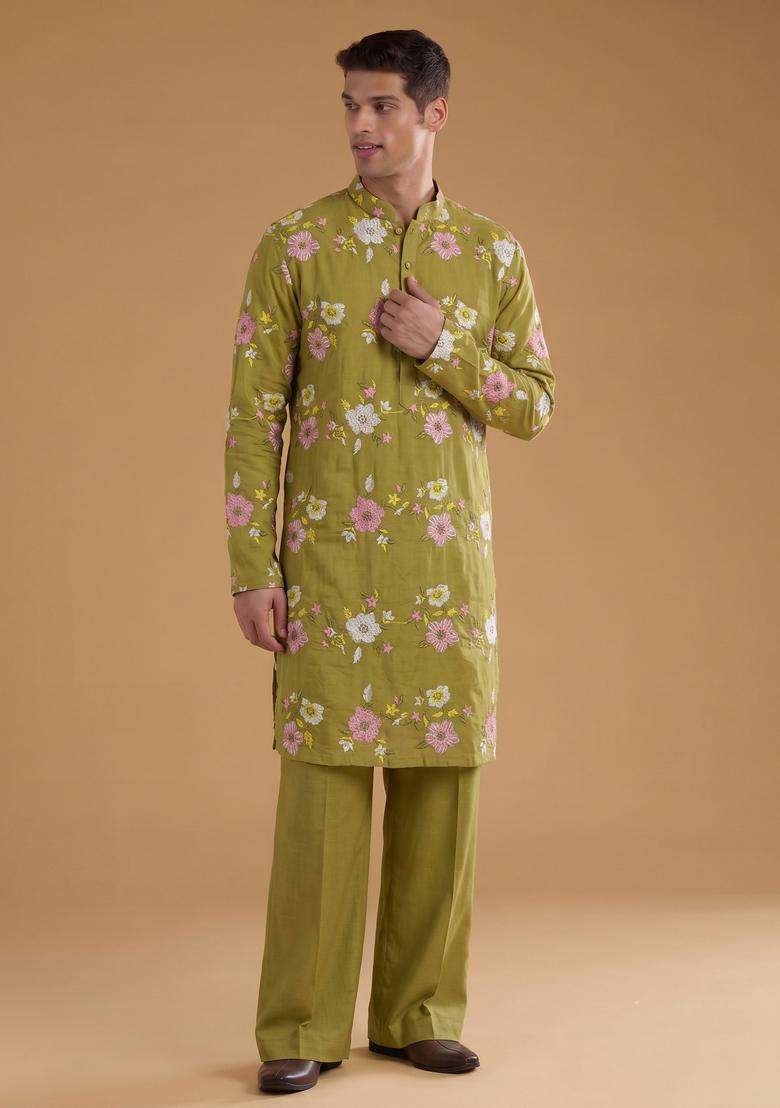 Olive Green Embroidered Chanderi Kurta Set - Indya