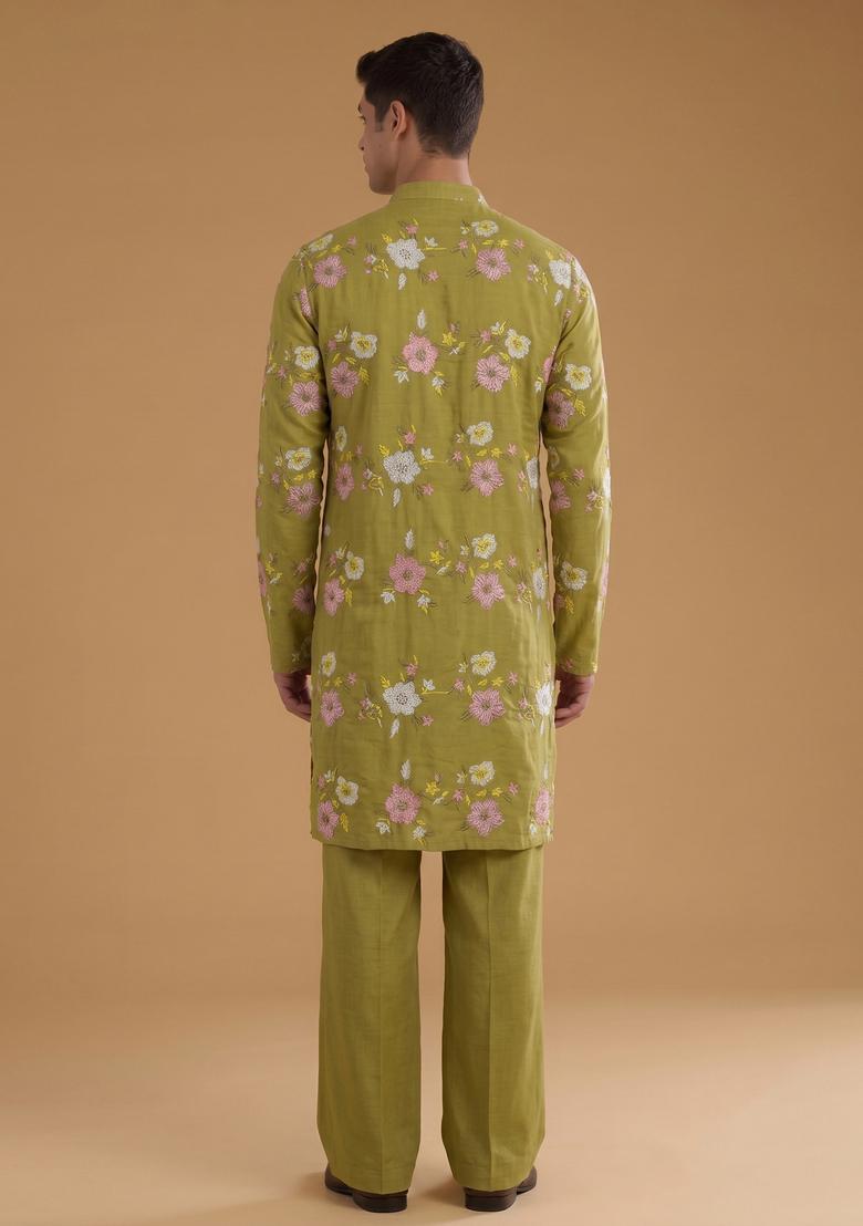 Olive Green Embroidered Chanderi Kurta Set - Indya