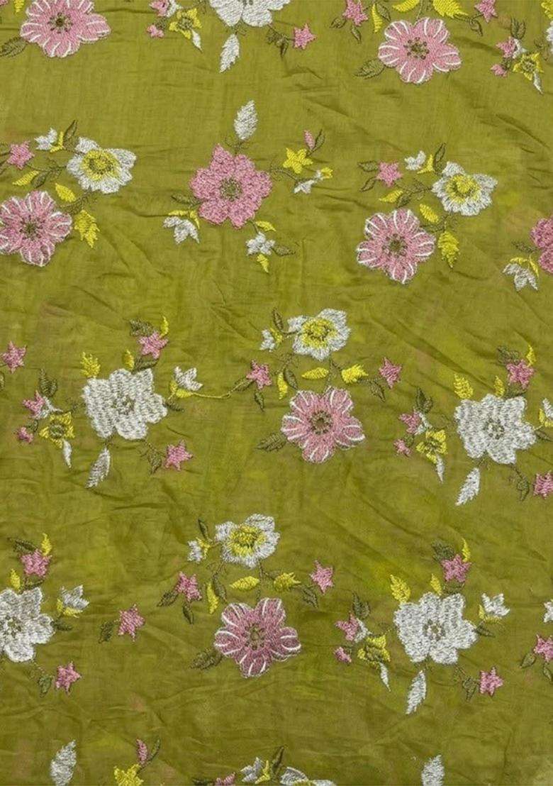 Olive Green Embroidered Chanderi Kurta Set - Indya