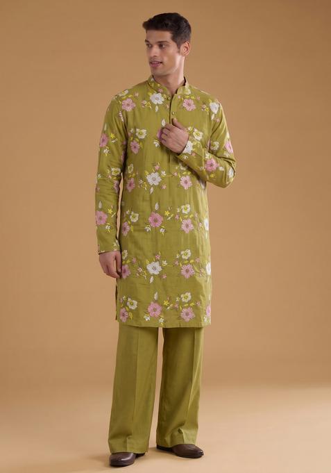 Olive Green Embroidered Chanderi Kurta Set