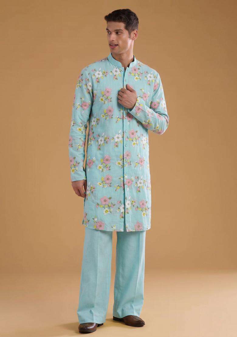 Light Blue Embroidered Chanderi Kurta Set - Indya