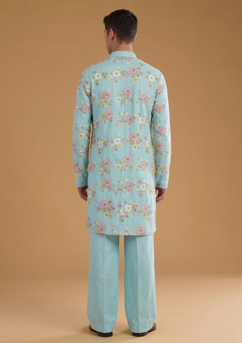 Light Blue Embroidered Chanderi Kurta Set - Indya