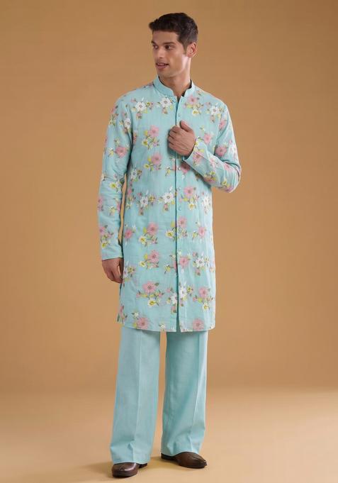 Light Blue Embroidered Chanderi Kurta Set