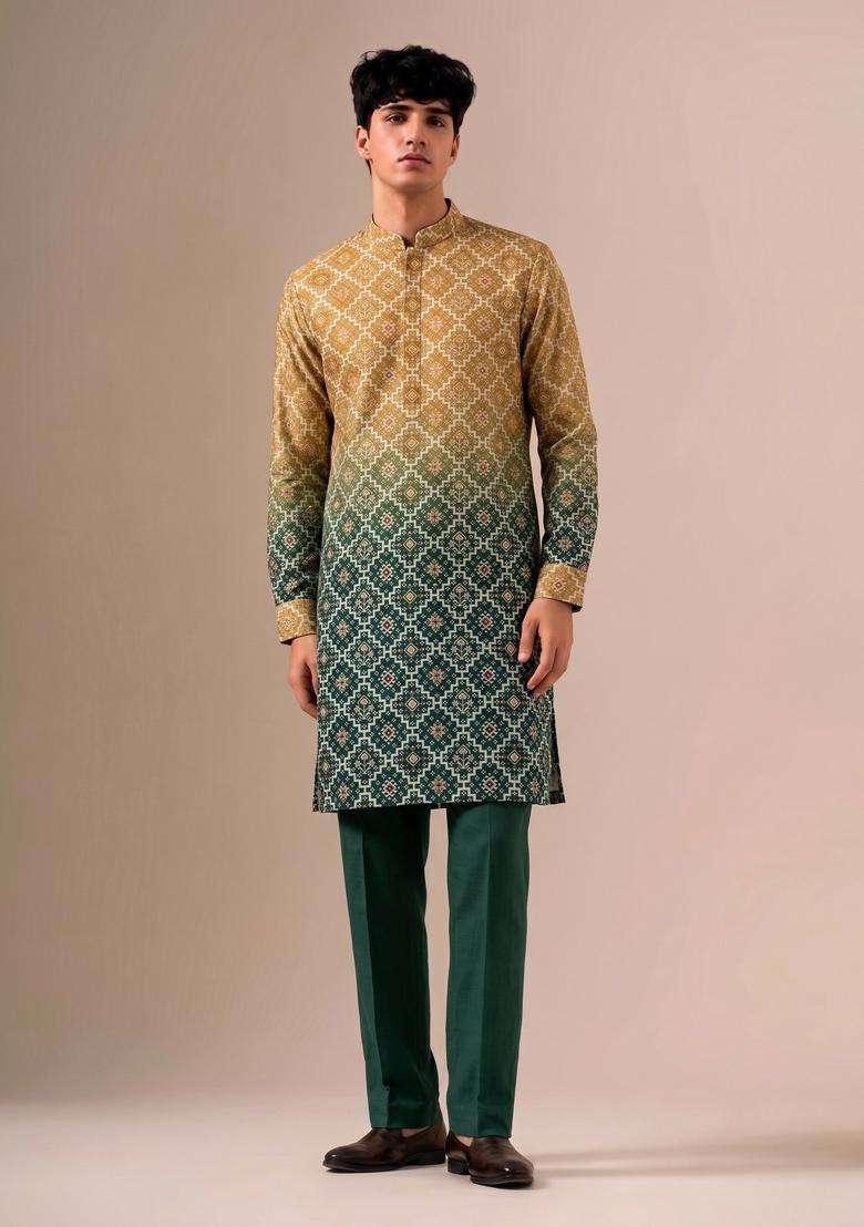 Green Printed Silk Blend Kurta Set - Indya