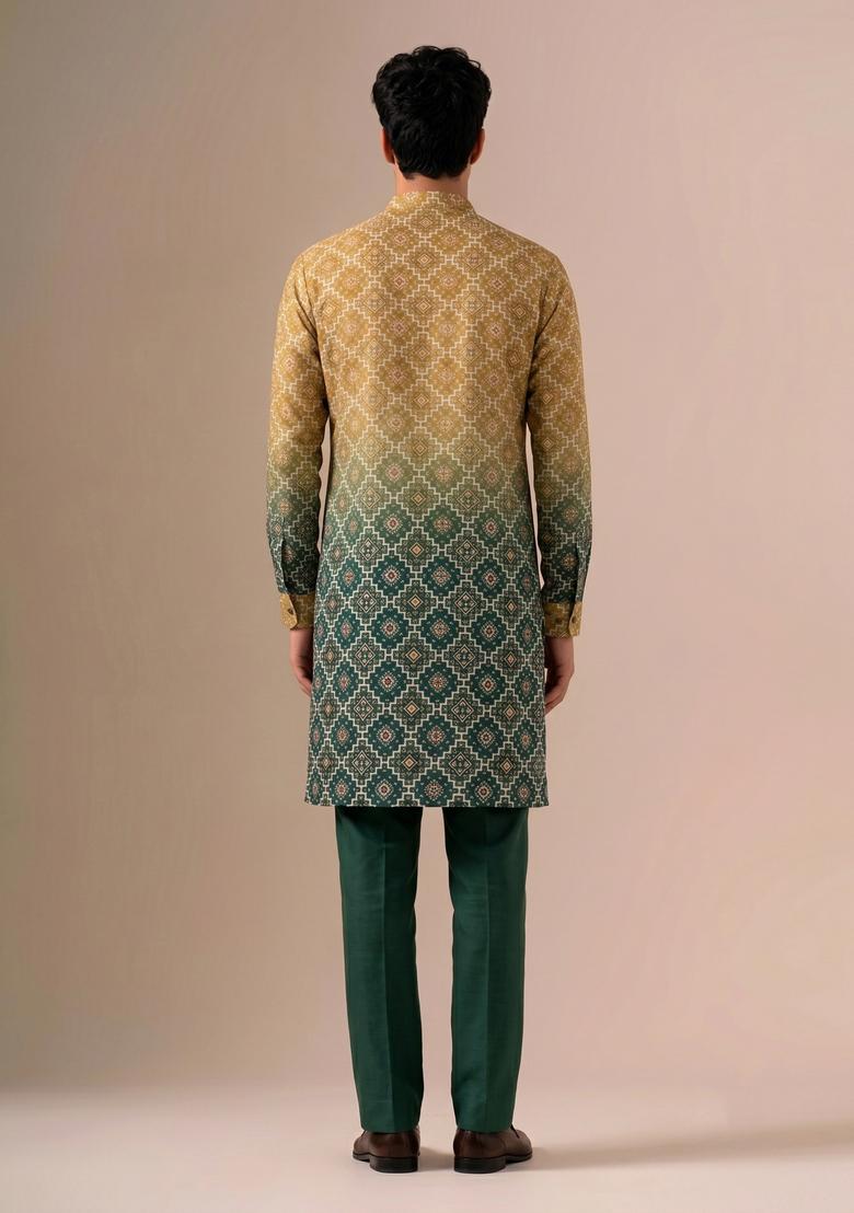 Green Printed Silk Blend Kurta Set - Indya
