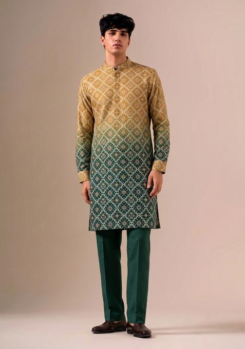 Green Printed Silk Kurta Set
