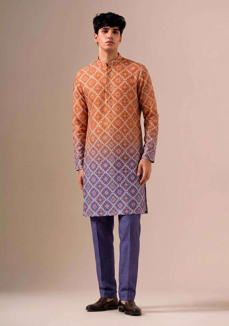 Purple Printed Silk Blend Kurta Set - Indya