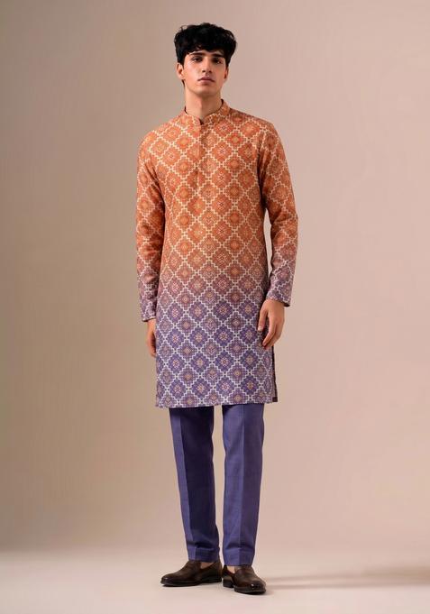 Purple Printed Silk Kurta Set