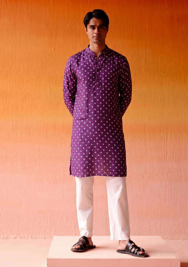 Purple Printed Crepe Kurta Set - Indya