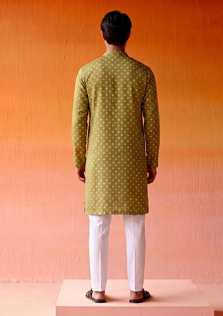 Olive Green Printed Crepe Kurta Set - Indya