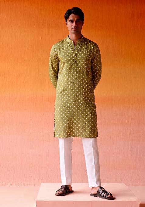 Olive Green Printed Crepe Kurta Set