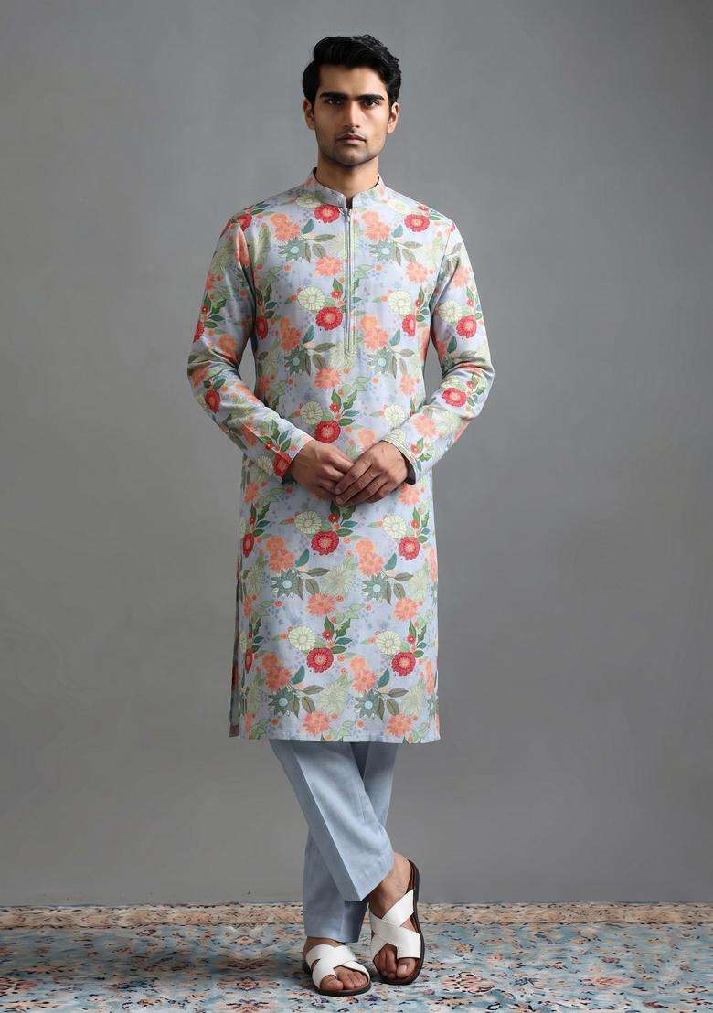 Powder Blue Printed Cotton Kurta Set - Indya