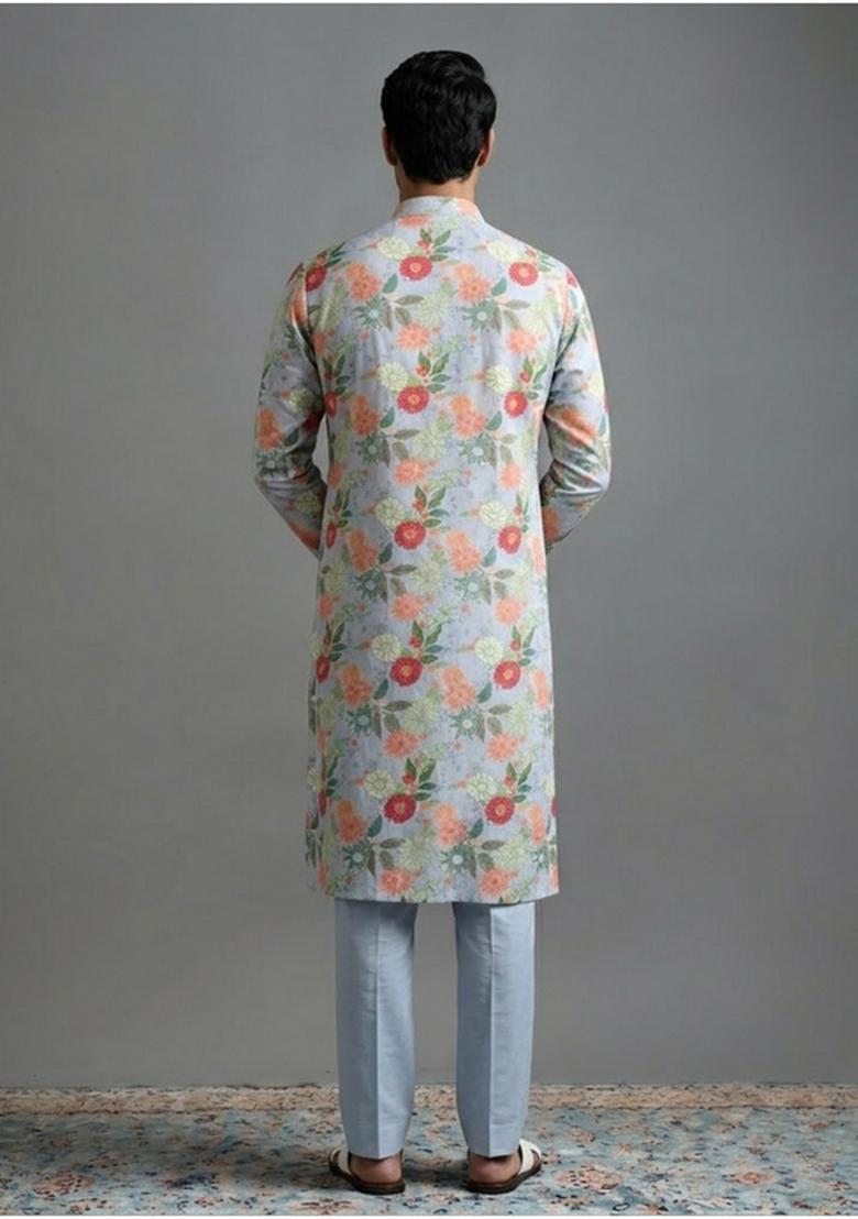 Powder Blue Printed Cotton Kurta Set - Indya