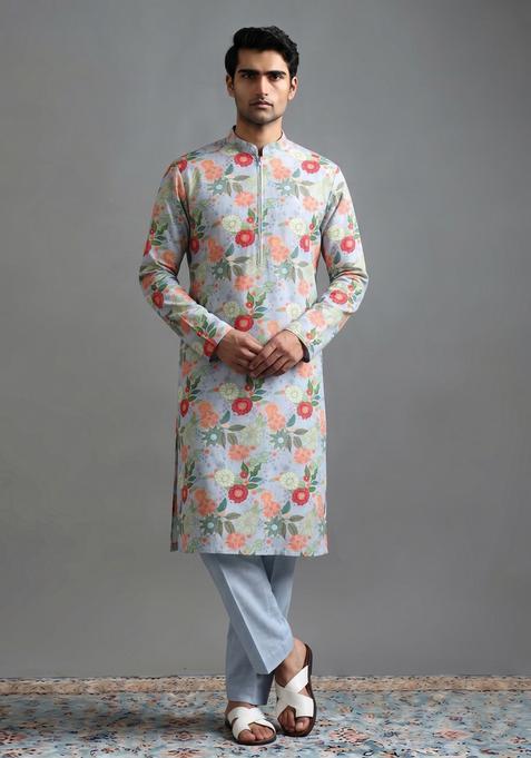 Powder Blue Printed Cotton Kurta Set