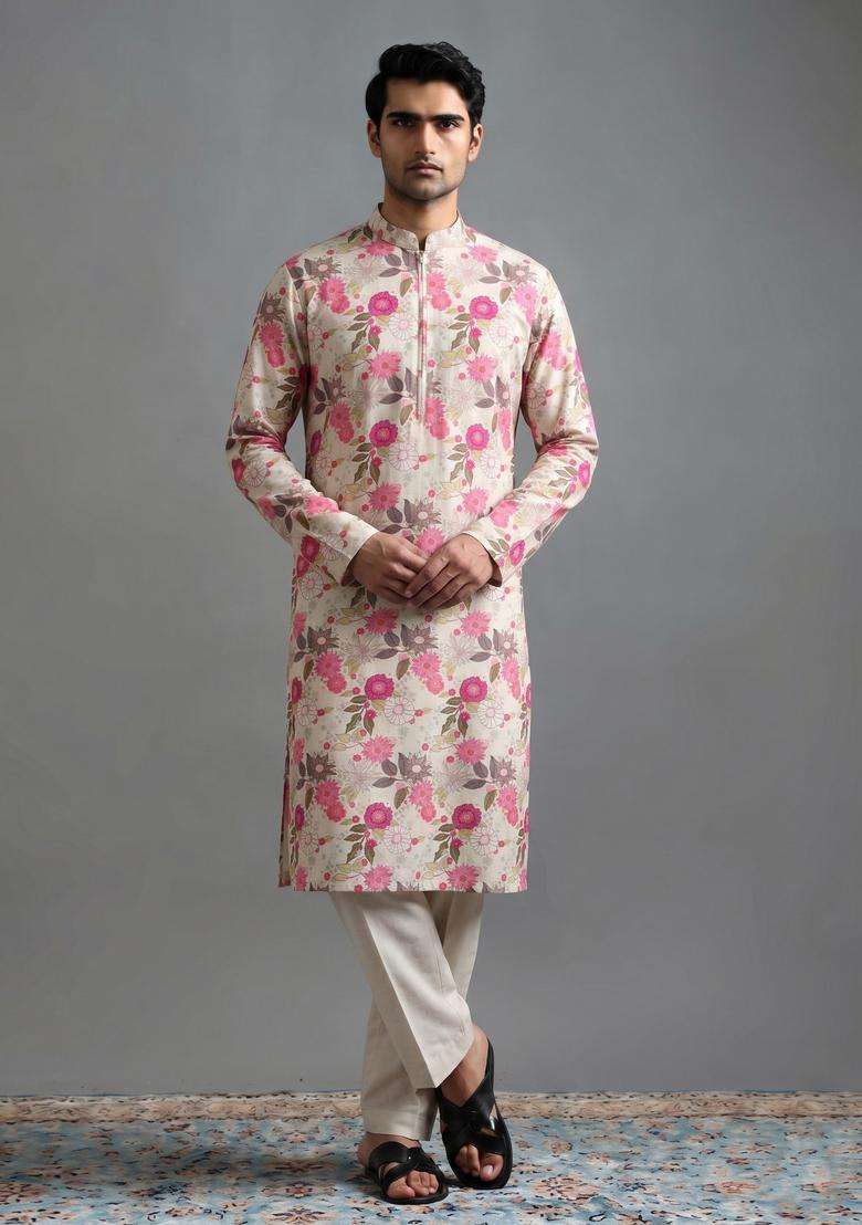 Cream Printed Cotton Kurta Set - Indya