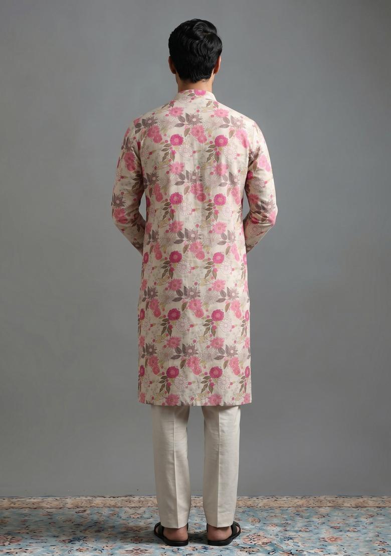 Cream Printed Cotton Kurta Set - Indya