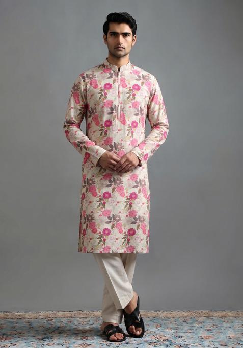 Cream Printed Cotton Kurta Set