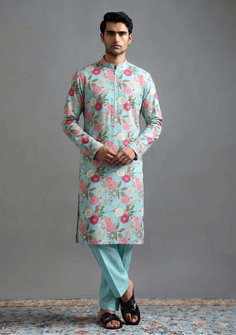 Blue Printed Cotton Kurta Set - Indya