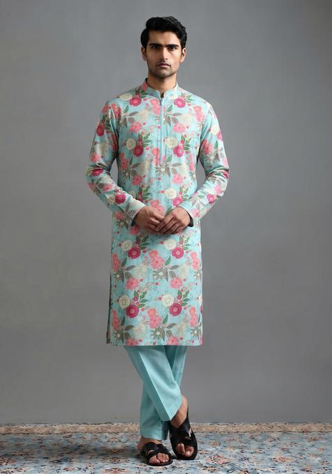 Blue Printed Cotton Kurta Set